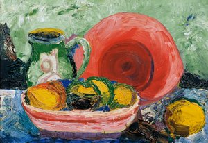 Nature morte avec assiette rouge, cruche et citron