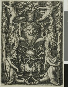 Motif ornemental avec un couple de satyres, des enfants et un trophée - Heinrich Aldegrever