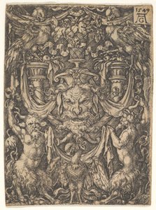 Design ornemental avec un masque et un aigle entre deux faunes en bas, 1549 - Heinrich Aldegrever