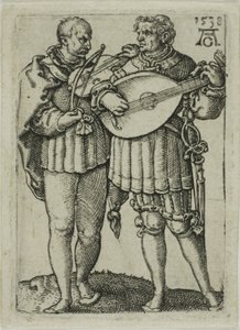 Deux musiciens jouant du violon et du luth, planche une des Petits danseurs de mariage - Heinrich Aldegrever