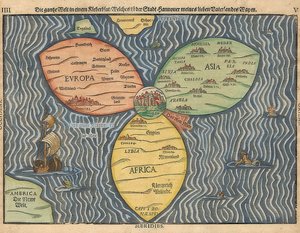Trois continents du monde en forme de trèfle, avec Jérusalem au centre