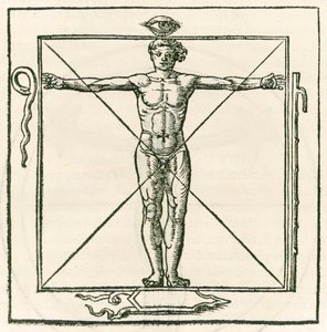 Homme dans un carré entouré de symboles de l
