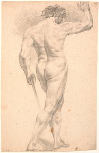 Modèle masculin debout, vu de dos, avec la main droite levée