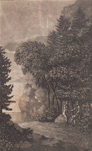 Paysage avec des rochers et de grands arbres, à droite deux hommes