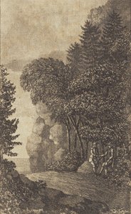 Paysage avec rochers et grands arbres, à droite deux hommes
