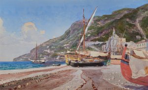 Amalfi, bateaux de pêche sur la plage / Aquarelle de H.Hermanns