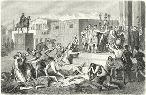 Le Triumvirat de Marc Antoine, Marcus Aemilius Lepidus et Octavien proclamant des proscriptions contre leurs ennemis politiques, 43 av. J.-C. - Heinrich Leutemann