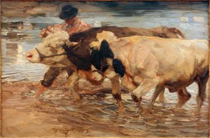 Valet avec vache et bœuf