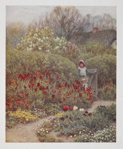 Une femme ouvrant une porte dans un jardin, illustration de 