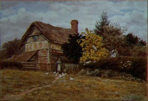 Laburnum Cottage : une femme nourrissant des canards - Helen Allingham