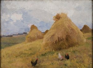 Poules parmi les gerbes de maïs, c.1888 - Helene Schjerfbeck