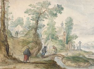 Paysage fluvial boisé avec une église et des figures, vers 1613