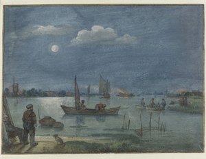 Paysage fluvial au clair de lune avec pêcheurs