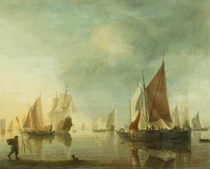 Navires au mouillage en mer calme; lumière du soir, c.1650-60
