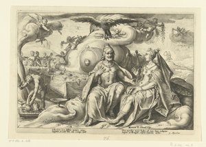 Jupiter et Junon discutent de la question de savoir chez quel sexe le désir amoureux est le plus grand - Hendrick Goltzius (workshop of)
