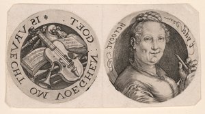 Buste de femme tenant une flûte et des instruments de musique, sur une feuille - Hendrick Goltzius