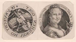 Buste de femme tenant une flûte et des instruments de musique, sur une feuille - Hendrick Goltzius