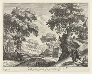 Paysage avec un couple de paysans sur un chemin de campagne