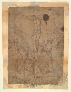 Christ en croix entre la Vierge et Saint Jean avec des scènes de la Passion en arrière-plan