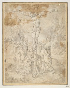 Christ en croix entre la Vierge et Saint Jean avec des scènes de la Passion en arrière-plan