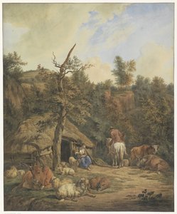 Berger, bergère et bétail se reposant devant une étable en ruine - Hendrik Abraham Klinkhamer