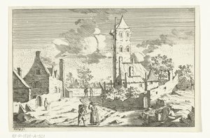 Vue de village avec maisons et tour sur un chemin de sable avec des figures