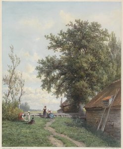 Ferme avec quelques figures, à droite une grange et un grand arbre
