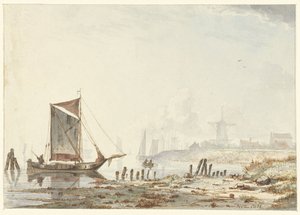 Navires sur une rivière, près de la rive - Hendrik Gerrit ten Cate