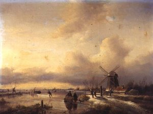 Figures dans un paysage de rivière gelée