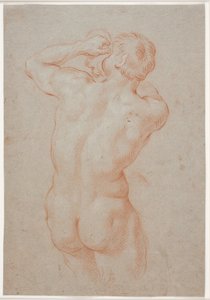 Triton soufflant dans une conque vu de dos