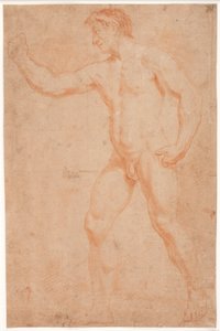 Étude de modèle masculin, debout, avec le bras levé