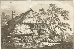 Ferme avec une vache, deux moutons et un âne dans la cour - Hendrik Meijer