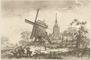 Paysage avec un moulin à vent et une église