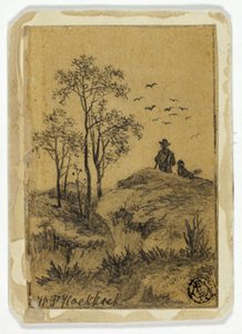 Chasseur et chien sur la colline regardant les oiseaux
