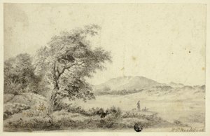 Paysage avec couple et chien