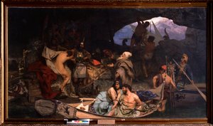 Les corsaires. (Scène où ils rapportent leur butin et leurs prisonniers (otages) dans une grotte). Peinture de Henryk Siemiradzki