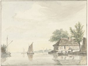 Paysage fluvial avec bateaux à voile