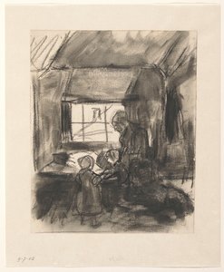 Intérieur avec femme et deux petits enfants