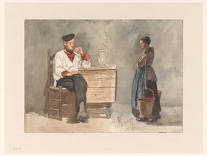 Marin fumant, femme avec joug et seaux de lait
