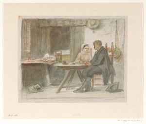 Homme écrivant et une femme à une table