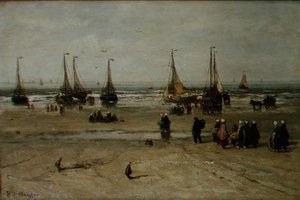 Paysage côtier avec bateaux de pêche et pêcheurs - Hendrik William Mesdag