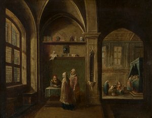 Un intérieur de la Renaissance avec des figures : La naissance de Saint Jean