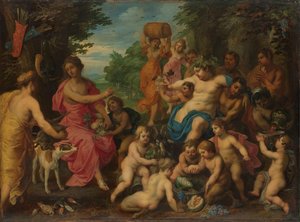 Diane offerte du vin et des fruits par Bacchus et sa suite