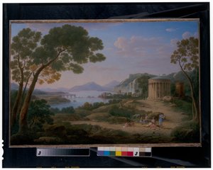 Un vaste paysage classique avec des figures assises devant un temple