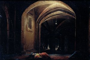 Hommes dormant dans une pièce aux arches éclairées