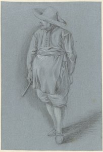 Homme en costume du XVIIe siècle avec chapeau, tablier et couteau