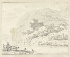Paysage montagneux italianisant avec bergers et bétail, et deux personnages dans un bateau traversant la rivière - Hendrik van der Straaten (attributed to)