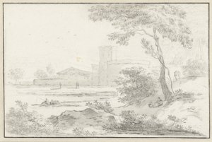 Paysage italianisant avec bâtiment fortifié en arrière-plan