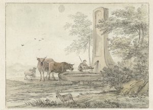 Paysage italianisant avec berger et son bétail et moutons à une fontaine - Hendrik van der Straaten