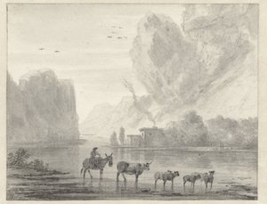 Paysage fluvial rocheux avec un berger et son bétail et ses moutons